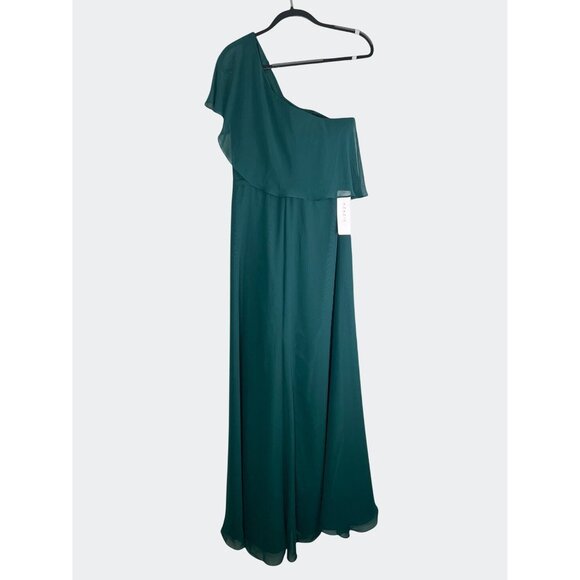 AZAZIE Pine A-Line One Shoulder Chiffon Maxi Formal Dress Ruffle Overlay Size 14 - Picture 12 of 14
